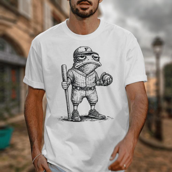 Frog Basketbal Men Women Grumpy Frog Playing Baseball Unisex T-Shirt