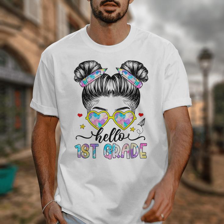 Hello 1st Grade Messy Bun Girl Back To School First Day Unisex T-Shirt Hello 1st Grade Messy Bun Girl Back To School First Day Unisex T-Shirt