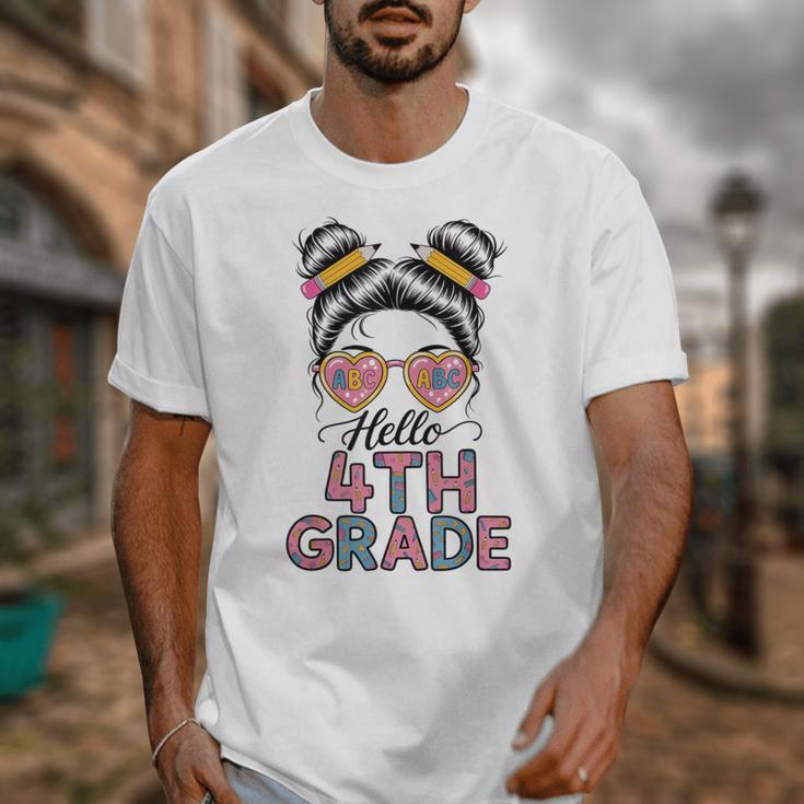 Hello 4th Grade Messy Bun Hair Back To School Girls Unisex T-Shirt Hello 4th Grade Messy Bun Hair Back To School Girls Unisex T-Shirt