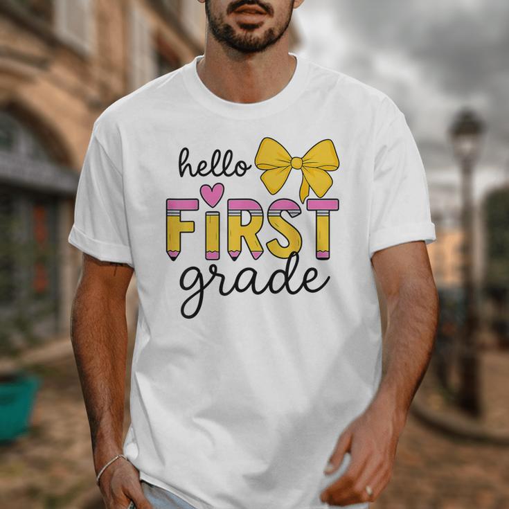 Hello First Grade For Girls Boys Cute Back To School Pencil Unisex T-Shirt
