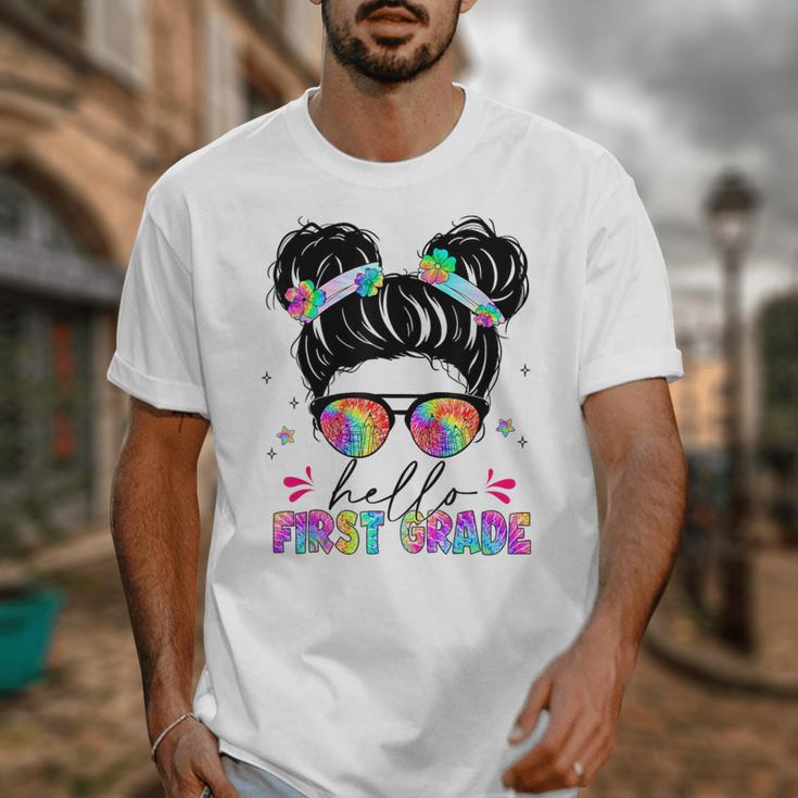 Hello First Grade Shirt Messy Bun Tie Dye Back To School Unisex T-Shirt Hello First Grade Shirt Messy Bun Tie Dye Back To School Unisex T-Shirt