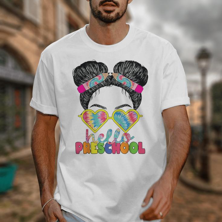 Hello Preschool Messy Bun Tie Dye Back To School Girls Kids Unisex T-Shirt Hello Preschool Messy Bun Tie Dye Back To School Girls Kids Unisex T-Shirt