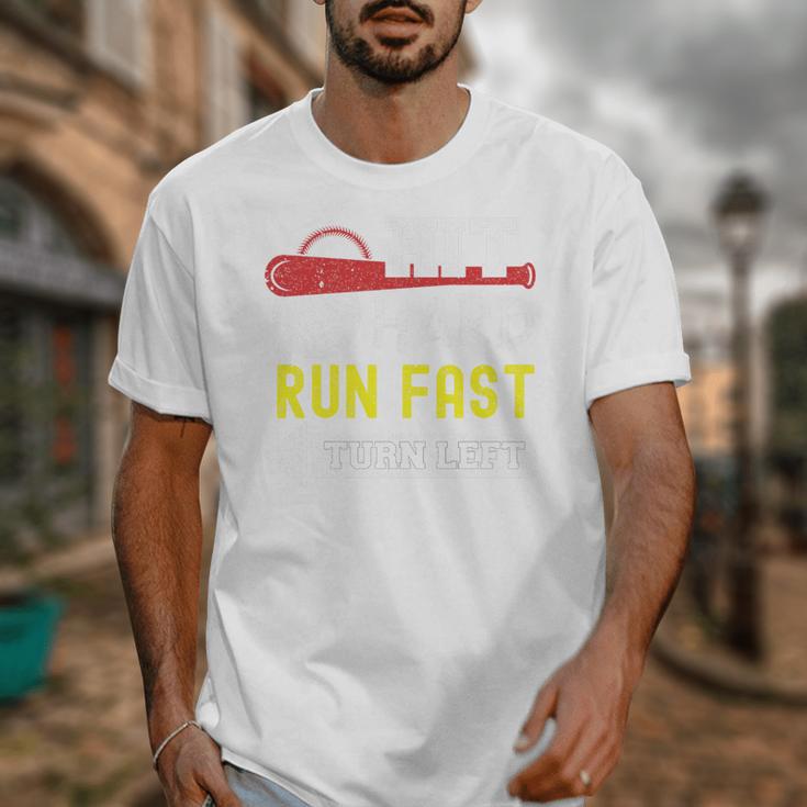Hit Hard Run Fast Turn Left Baseball Quote Fan Coach Premium Tri-Blend Unisex T-Shirt