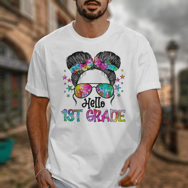 Messy Hair Bun Girl Back To School First Day Hello 1st Grade Unisex T-Shirt Messy Hair Bun Girl Back To School First Day Hello 1st Grade Unisex T-Shirt