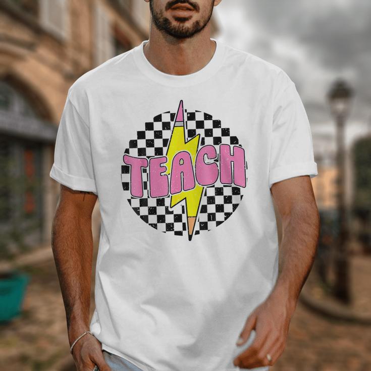 Women Checkered Teach Pencil Lightning Bolt Back To School Unisex T-Shirt