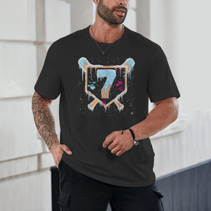 Baseball 7 Year Old Ice Cream Drip 7th Birthday Boy Number 7 Unisex T-Shirt