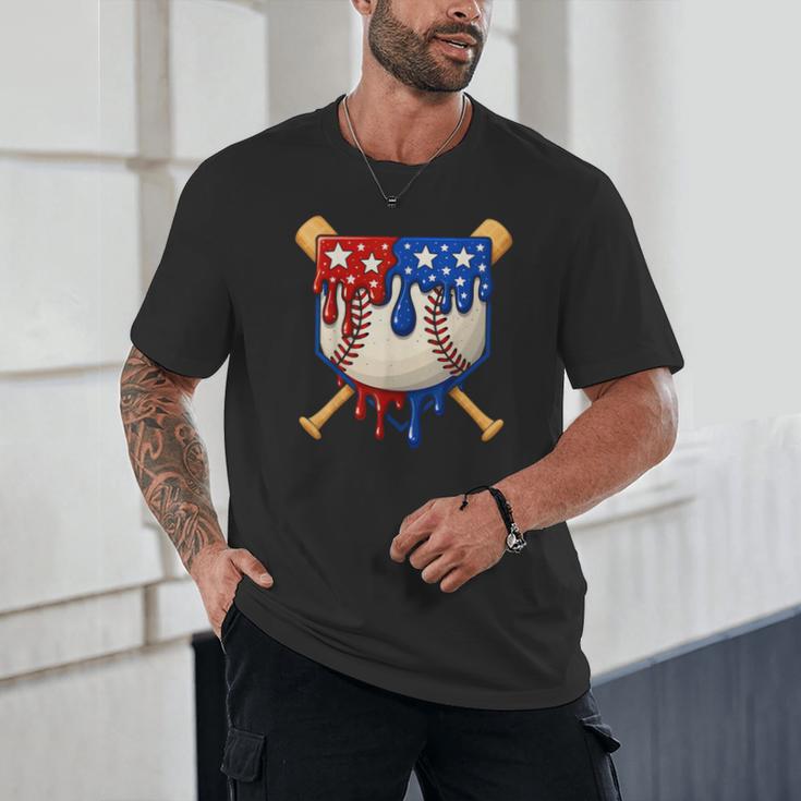 Baseball Drip American Flag Home Plate 4th Of July Patriotic Unisex T-Shirt