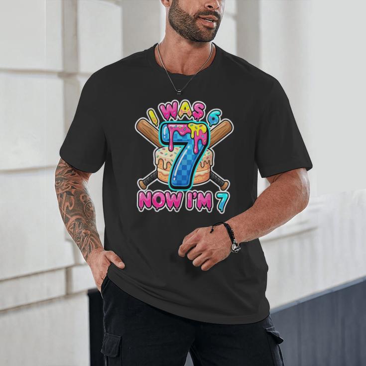 Blue Checkered I Was 6 Now I'm 7 Birthday Cake Baseball Drip Unisex T-Shirt