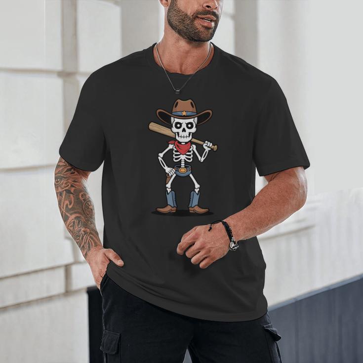 Cowboy Skeleton Baseball Halloween Graphic Unisex T-Shirt
