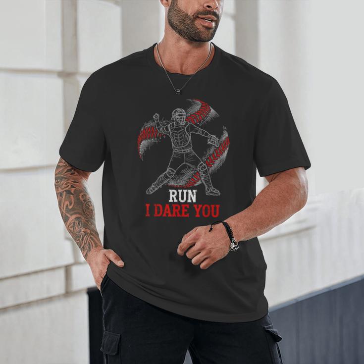 Run I Dare You Baseball Catcher Graphic Players Fans Unisex T-Shirt