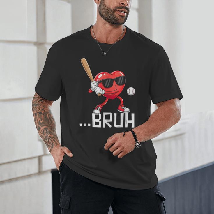 Valentines Bruh Red Heart Playing Baseball Men Boys Kids Unisex T-Shirt