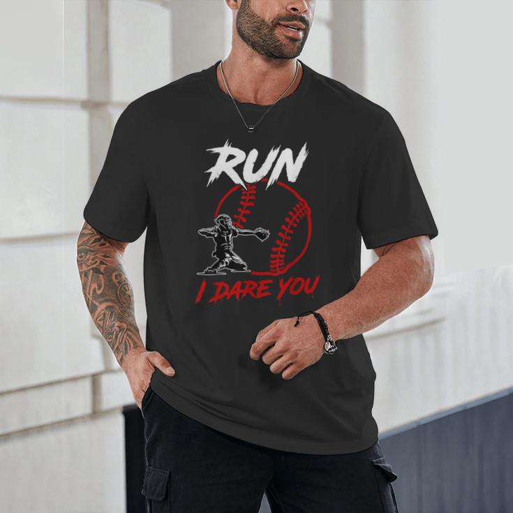 Vintage Baseball Catcher Boys Go Ahead Run I Dare You Unisex T-Shirt