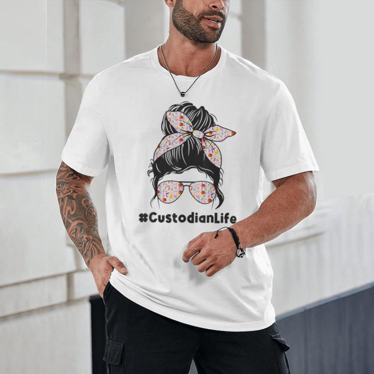 Custodian Life Messy Bun Hair Glasses Leopard Back To School Unisex T-Shirt