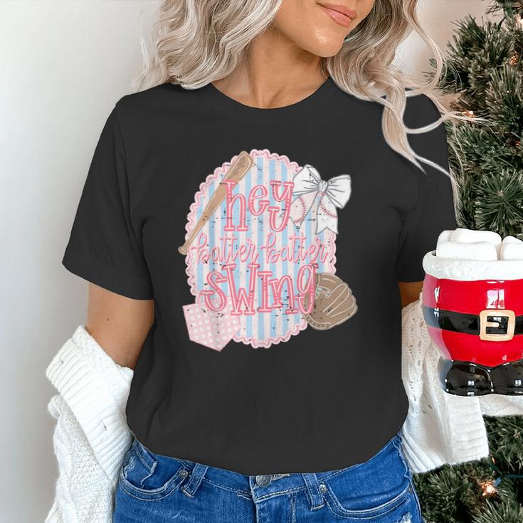 Hey Batter Batter Swing Baseball Game Day Coquette Bow Girly Unisex T-Shirt