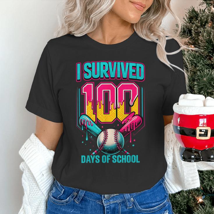 HUGvyn I Survived 100 Days Baseball Teacher Ice Cream Drip Unisex T-Shirt