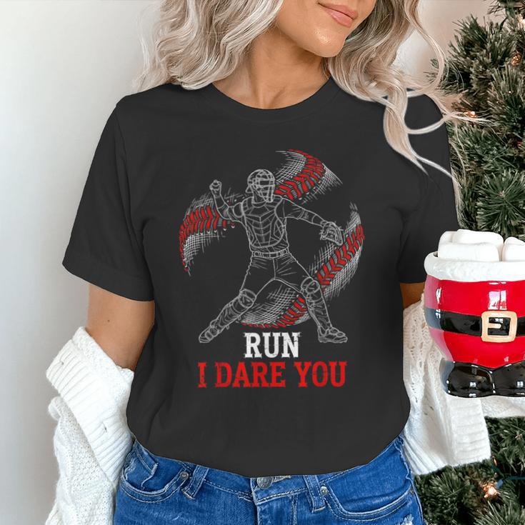 Run I Dare You Baseball Catcher Graphic Players Fans Unisex T-Shirt