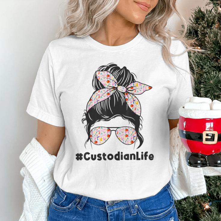 Custodian Life Messy Bun Hair Glasses Leopard Back To School Unisex T-Shirt