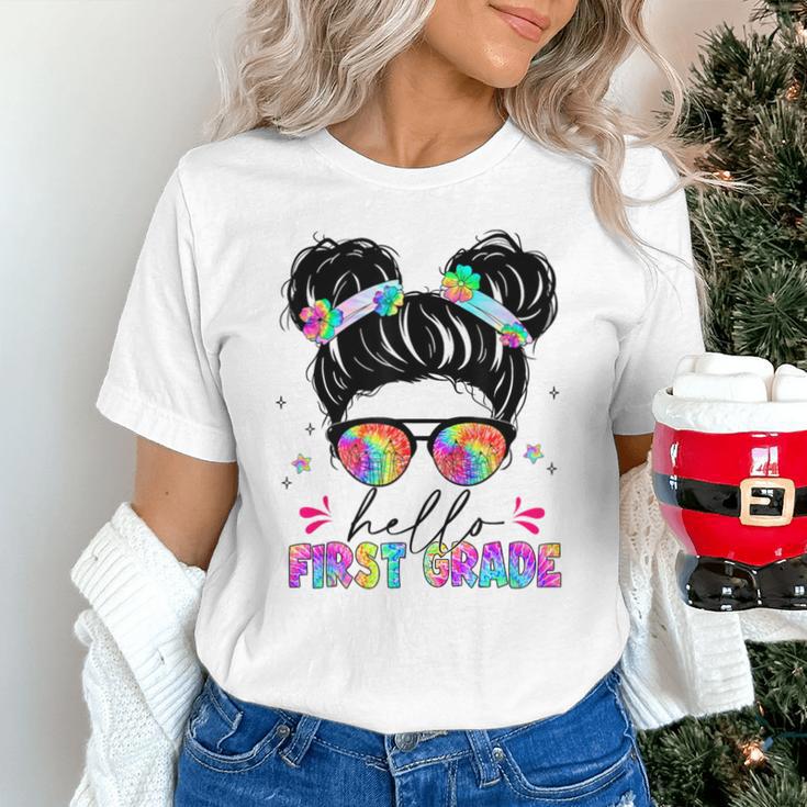 Hello First Grade Shirt Messy Bun Tie Dye Back To School Unisex T-Shirt Hello First Grade Shirt Messy Bun Tie Dye Back To School Unisex T-Shirt