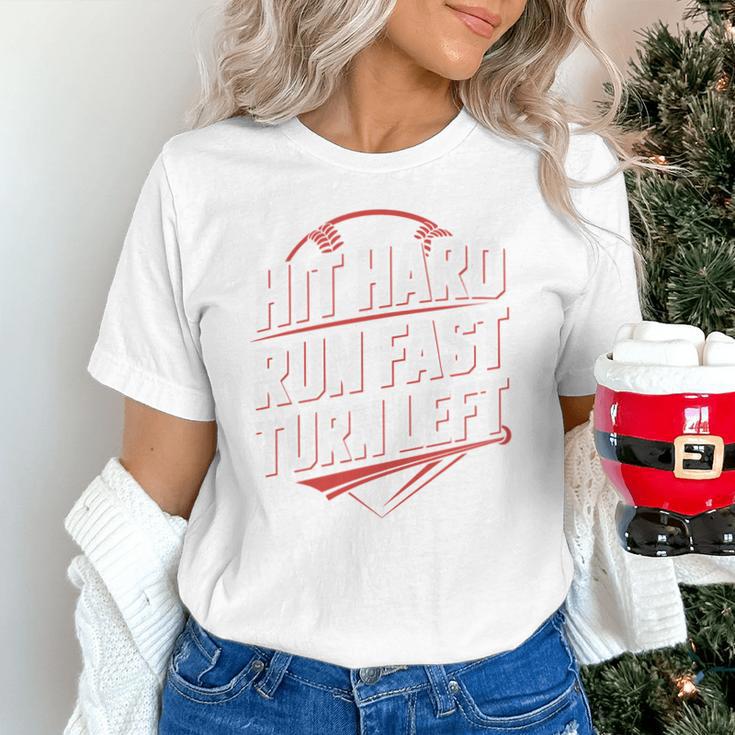 Hit Hard Run Fast Turn Left Baseball Fan Red Graphic Unisex T-Shirt