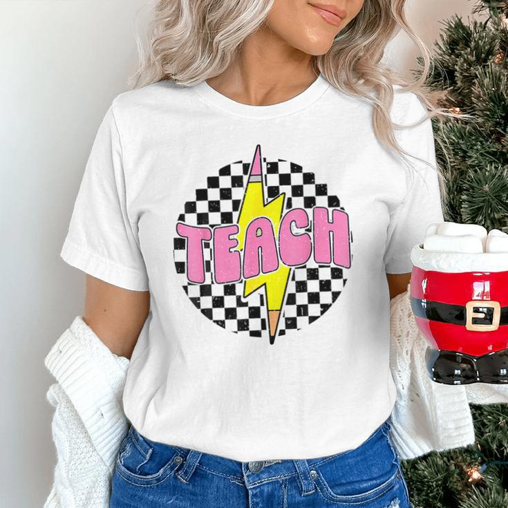 Women Checkered Teach Pencil Lightning Bolt Back To School Unisex T-Shirt