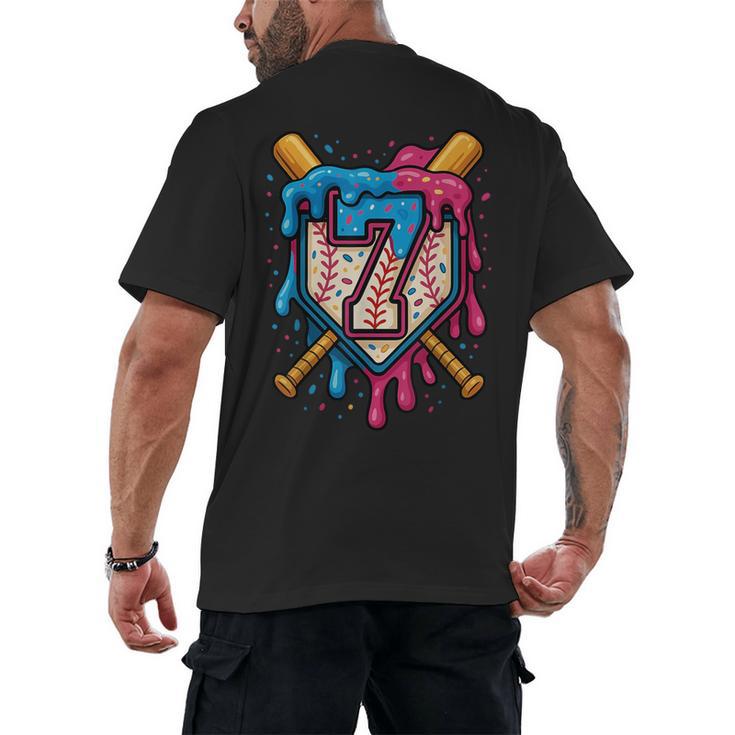 HUGvyn 7th Birthday Baseball Ice Cream Drip Number 7 Kid Boy Men's Back Print T-Shirt