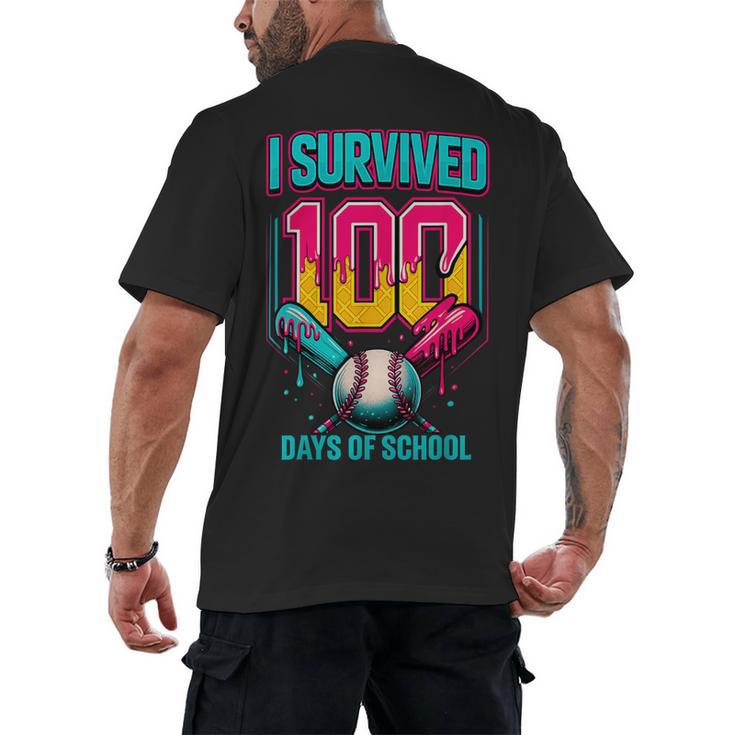HUGvyn I Survived 100 Days Baseball Teacher Ice Cream Drip Men's Back Print T-Shirt