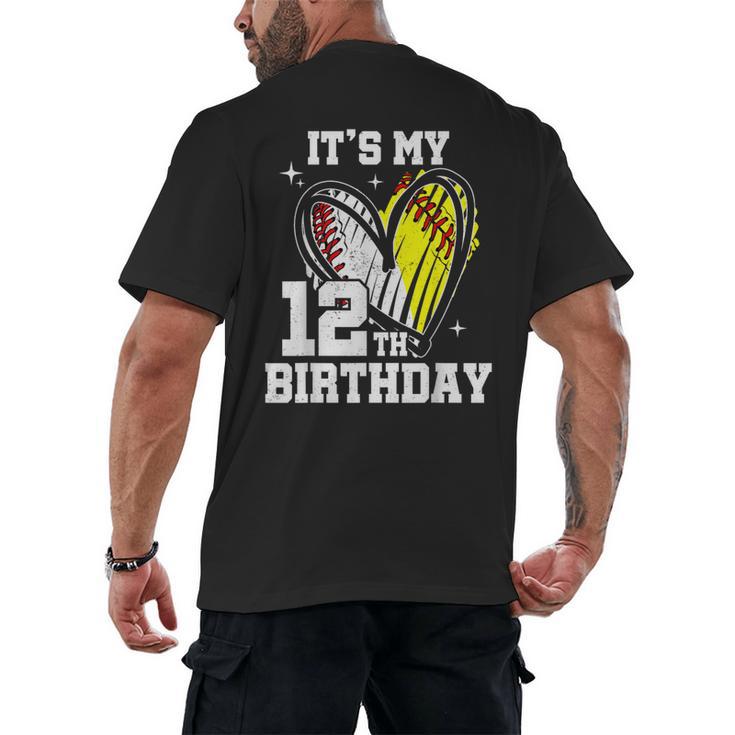 It's My 12th Birthday Baseball Softball Heart 12 Year Old Men's Back Print T-Shirt