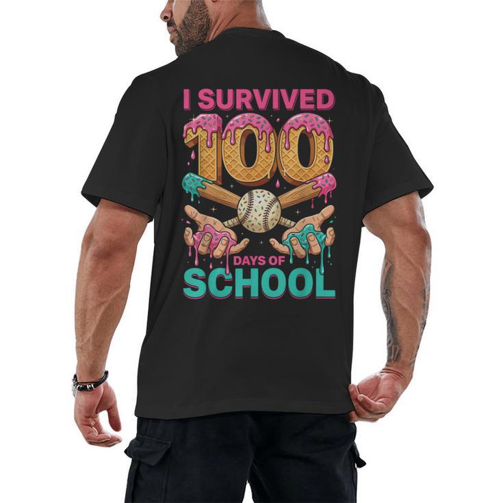 I Survived 100 Days Of School Baseball Ice Cream Drip Men's Back Print T-Shirt