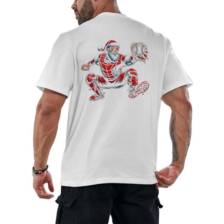 Santa Playing Baseball Catcher Merry Christmas Sport Player Men's Back Print T-Shirt
