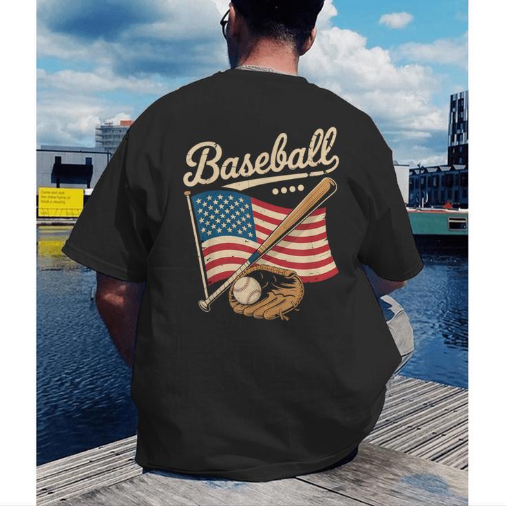American Flag Baseball Player Bat Fan Catcher Pitcher USA Men's Back Print T-Shirt