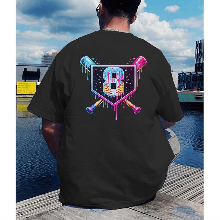 Baseball 8 Year Old Ice Cream Drip 8th Birthday Party Men's Back Print T-Shirt