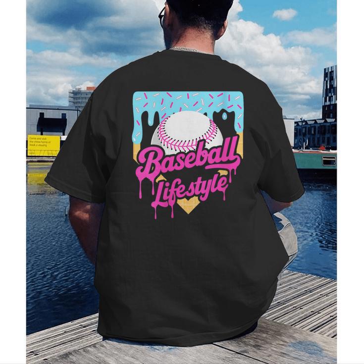 Baseball Life Lifestyle Home Plate Ice Cream Drip Men Boys Men's Back Print T-Shirt Baseball Life Lifestyle Home Plate Ice Cream Drip Men Boys Men's Back Print T-Shirt