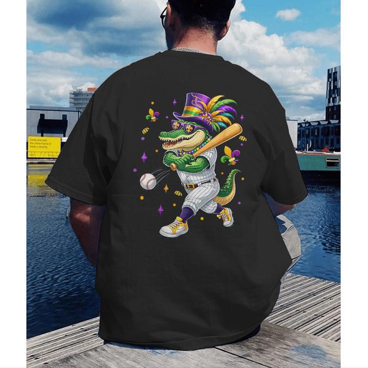 Baseball Player Mardi Gras Alligator Carnival Costume Beads Men's Back Print T-Shirt