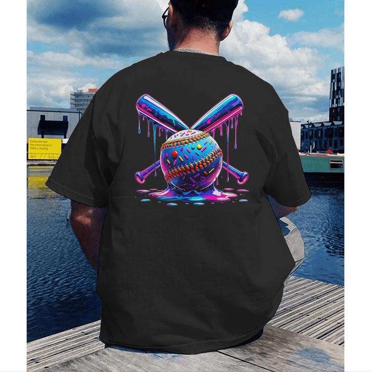 Neon Dripping Baseball And Bats Colorful Sports Art Men's Back Print T-Shirt Neon Dripping Baseball And Bats Colorful Sports Art Men's Back Print T-Shirt