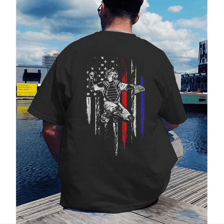 Patriotic Baseball Catcher American Flag Sports Tee Men's Back Print T-Shirt Patriotic Baseball Catcher American Flag Sports Tee Men's Back Print T-Shirt