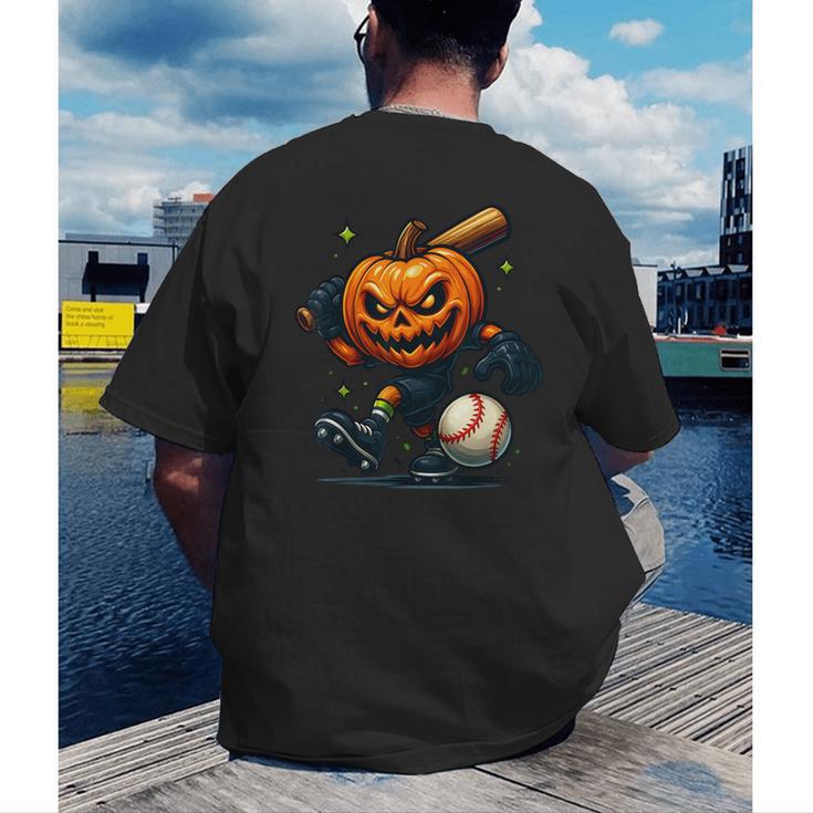Spooky Halloween Scary Pumpkin Baseball Player Witchy Vibes Men's Back Print T-Shirt Spooky Halloween Scary Pumpkin Baseball Player Witchy Vibes Men's Back Print T-Shirt