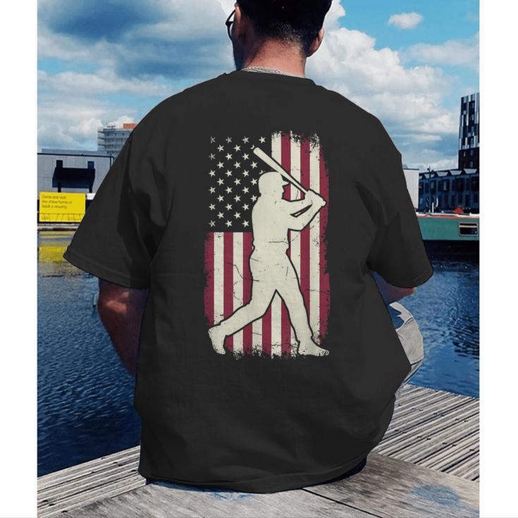Vintage American Flag Baseball Batter Patriotic Home Run Men's Back Print T-Shirt Vintage American Flag Baseball Batter Patriotic Home Run Men's Back Print T-Shirt