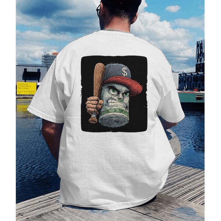 Cool Dollar Bill Guy With Cap And Baseball Costume Premium Tri-Blend Men's Back Print T-Shirt Cool Dollar Bill Guy With Cap And Baseball Costume Premium Tri-Blend Men's Back Print T-Shirt