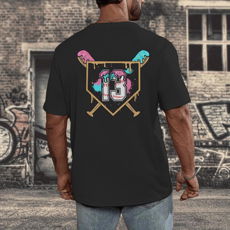 13th Birthday Baseball Bat Ice-Cream Drip 13yrs Old Boy Kid Men's Back Print T-Shirt