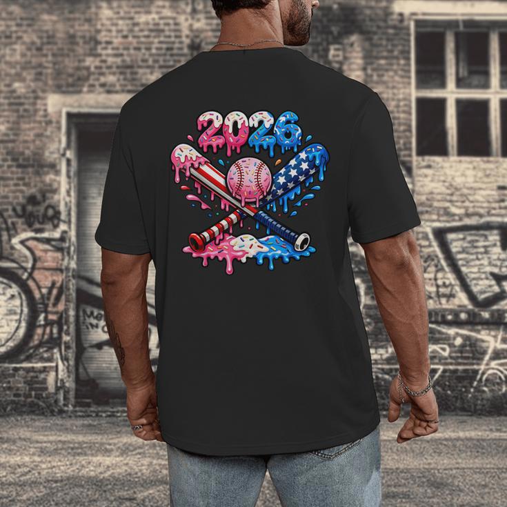 2026 American Flag Baseball Ice Cream Drip Bats Boys Men's Back Print T-Shirt