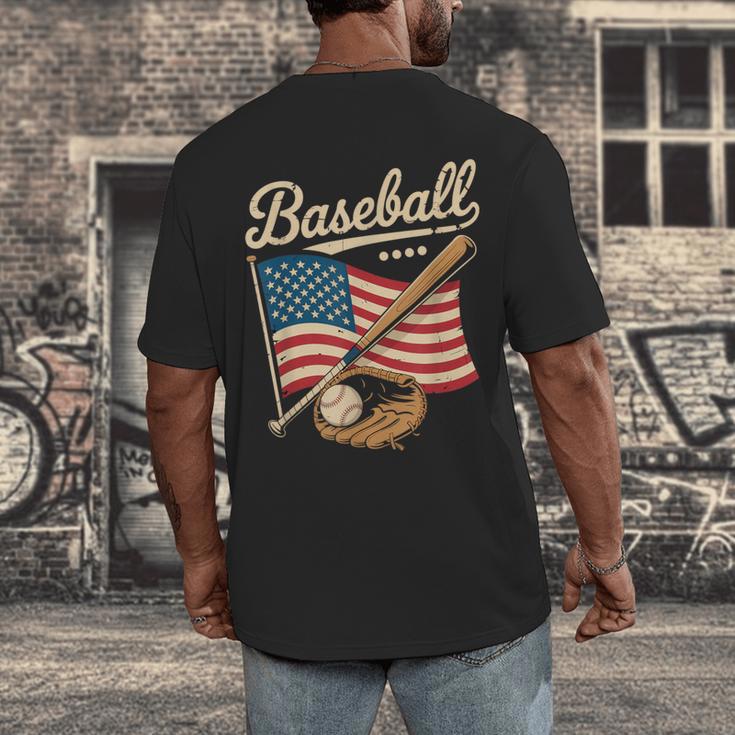 American Flag Baseball Player Bat Fan Catcher Pitcher USA Men's Back Print T-Shirt