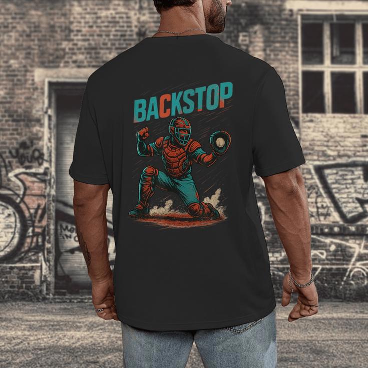 Backstop Catcher Baseball Graphic Men's Back Print T-Shirt Backstop Catcher Baseball Graphic Men's Back Print T-Shirt