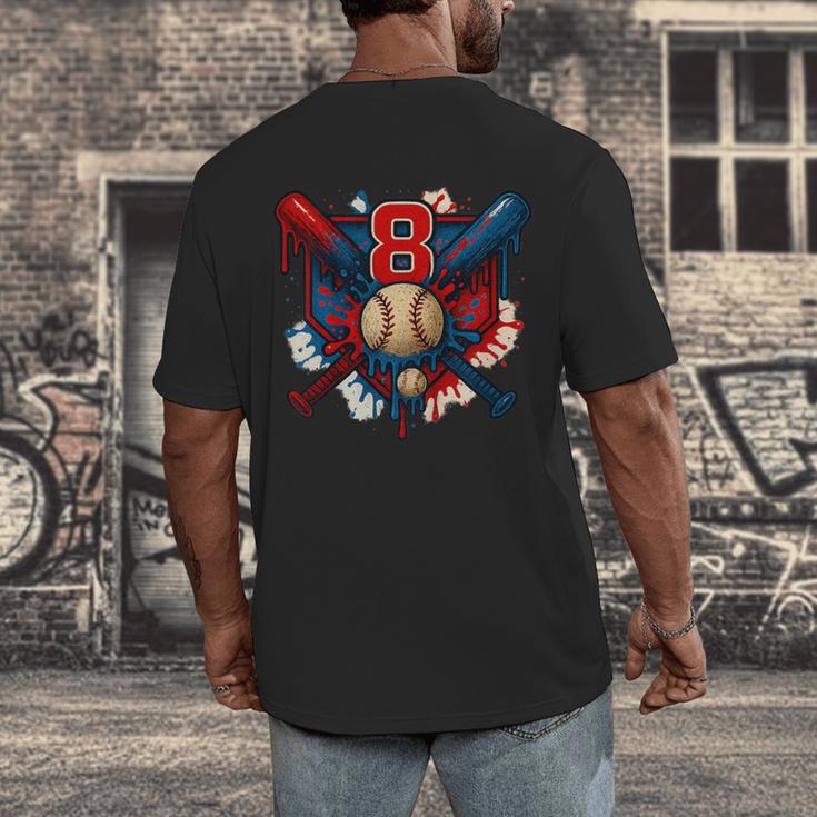 Baseball 8 Year Old Splash Drip 8th Birthday Boy Number 8 Men's Back Print T-Shirt