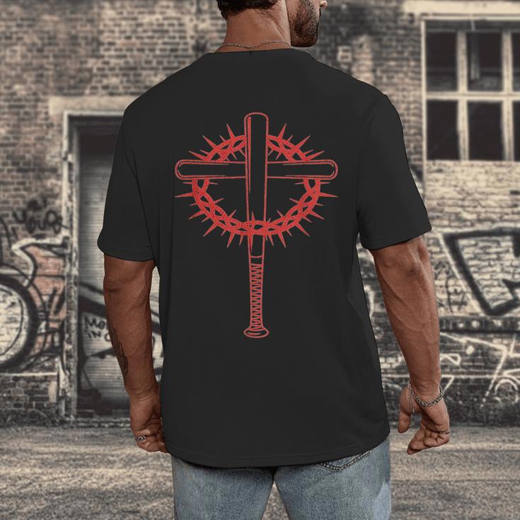 Baseball Cross Bats Pitcher Jesus Faith Men's Back Print T-Shirt Baseball Cross Bats Pitcher Jesus Faith Men's Back Print T-Shirt