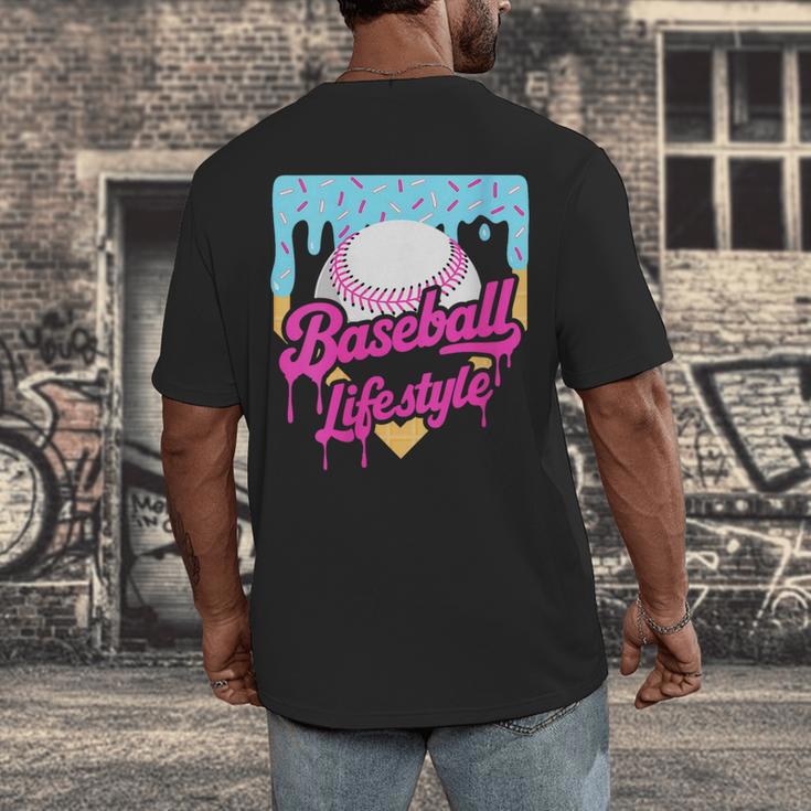 Baseball Life Lifestyle Home Plate Ice Cream Drip Men Boys Men's Back Print T-Shirt Baseball Life Lifestyle Home Plate Ice Cream Drip Men Boys Men's Back Print T-Shirt