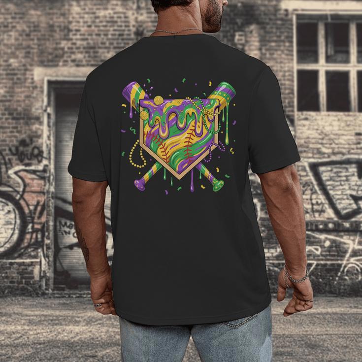 Baseball Mardi Gras Home Plate Ice Cream Drip Carnival Mask Men's Back Print T-Shirt Baseball Mardi Gras Home Plate Ice Cream Drip Carnival Mask Men's Back Print T-Shirt
