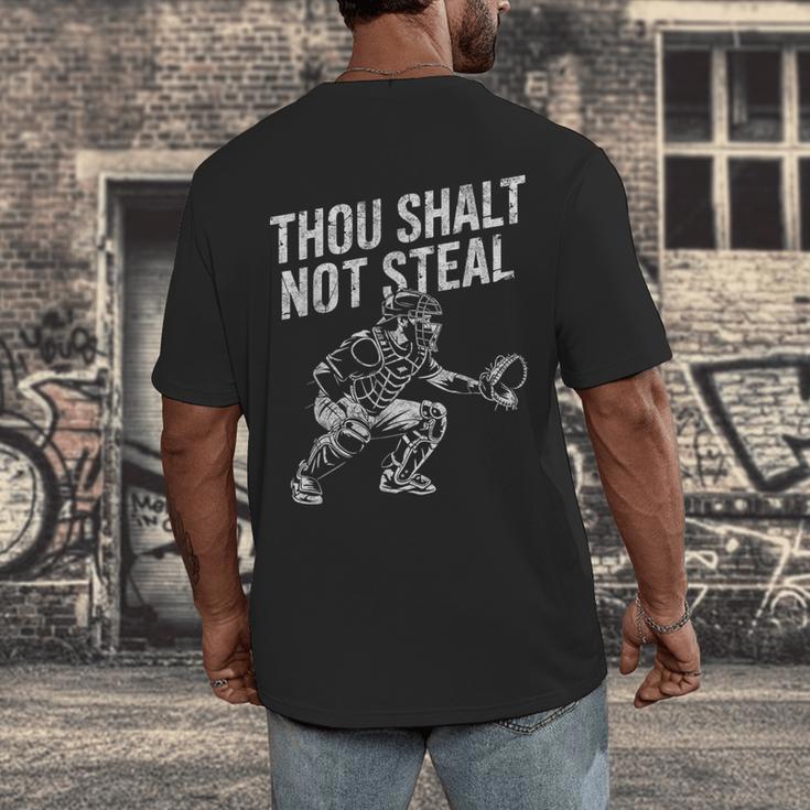 Baseball Player Catcher Thou Shalt Not Steal Coach Baseball Men's Back Print T-Shirt Baseball Player Catcher Thou Shalt Not Steal Coach Baseball Men's Back Print T-Shirt