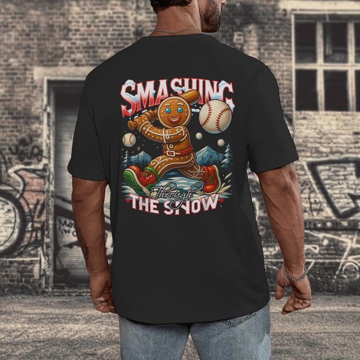 Baseball Player Christmas Gingerbread Smashing Through Snow Men's Back Print T-Shirt