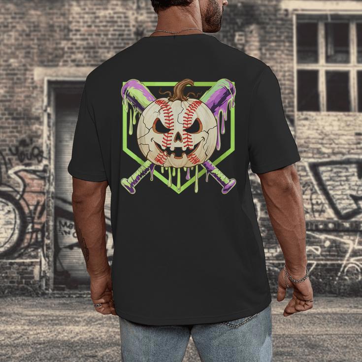 Baseball Pumpkin Halloween Baseball Drip Spooky Halloween Men's Back Print T-Shirt Baseball Pumpkin Halloween Baseball Drip Spooky Halloween Men's Back Print T-Shirt