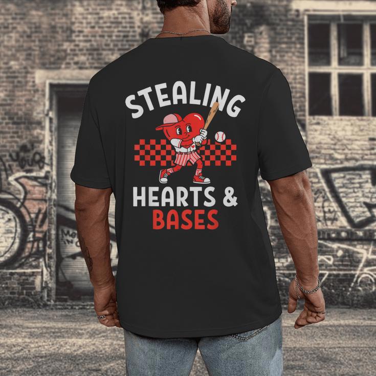 Boys Baseball Valentines Day Stealing Hearts Valentine Kids Men's Back Print T-Shirt